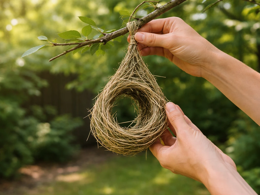 A partially finished weaver bird nest frame is hung on a swaying backyard branch tip