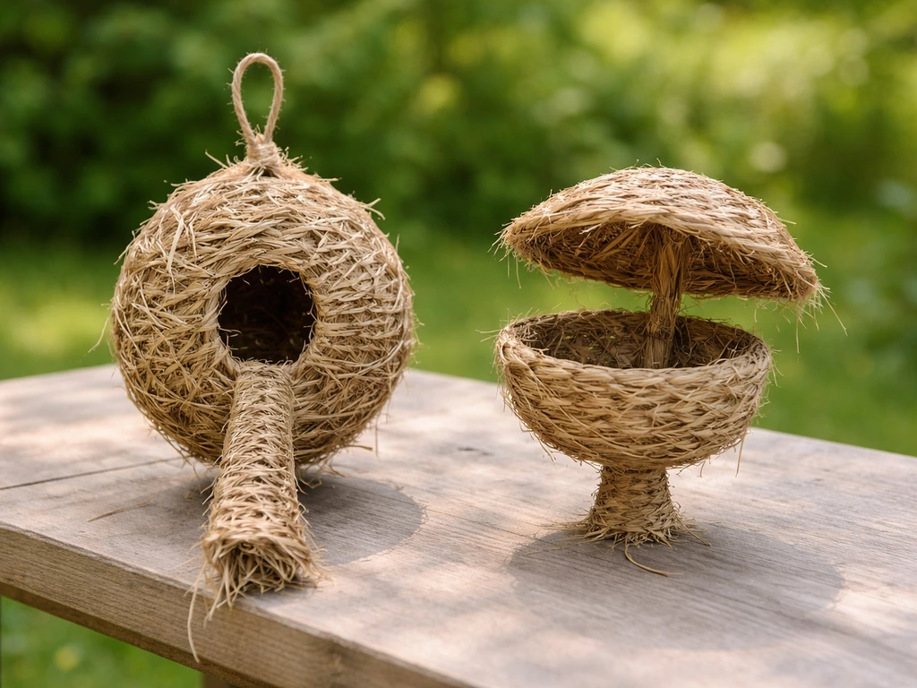 Side-by-side woven DIY weaver nest styles: enclosed sphere with long tunnel and an open cup with canopy.