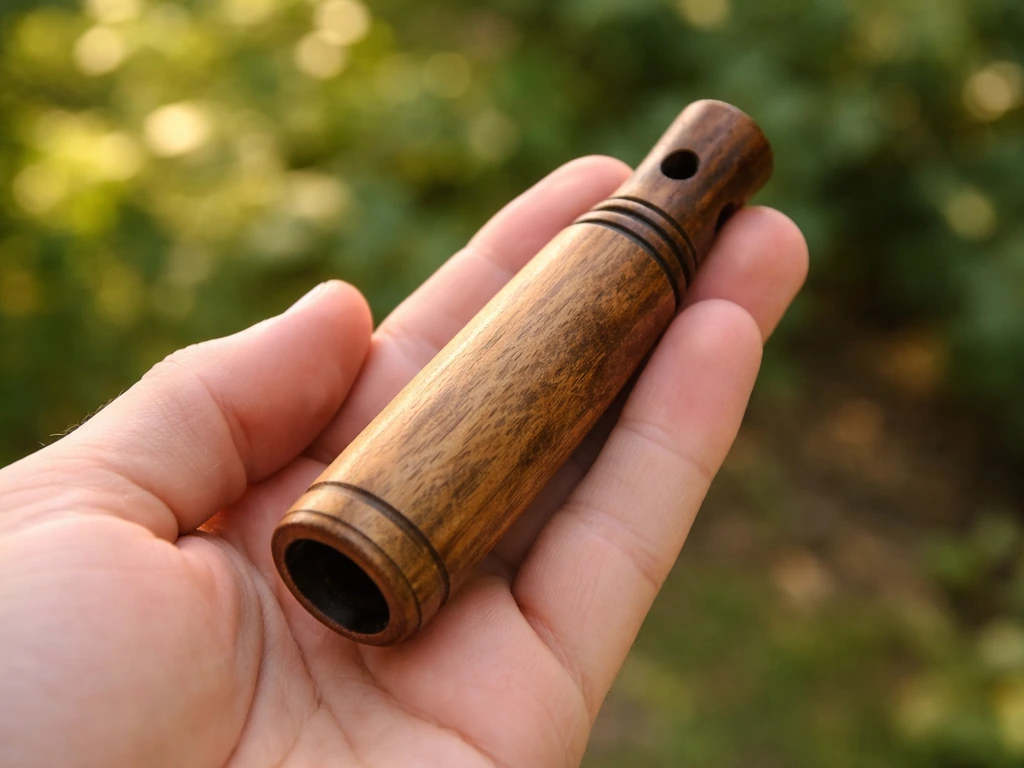 A hand holds a finished wooden bird call outdoors, wood grain and tone end in clear focus.