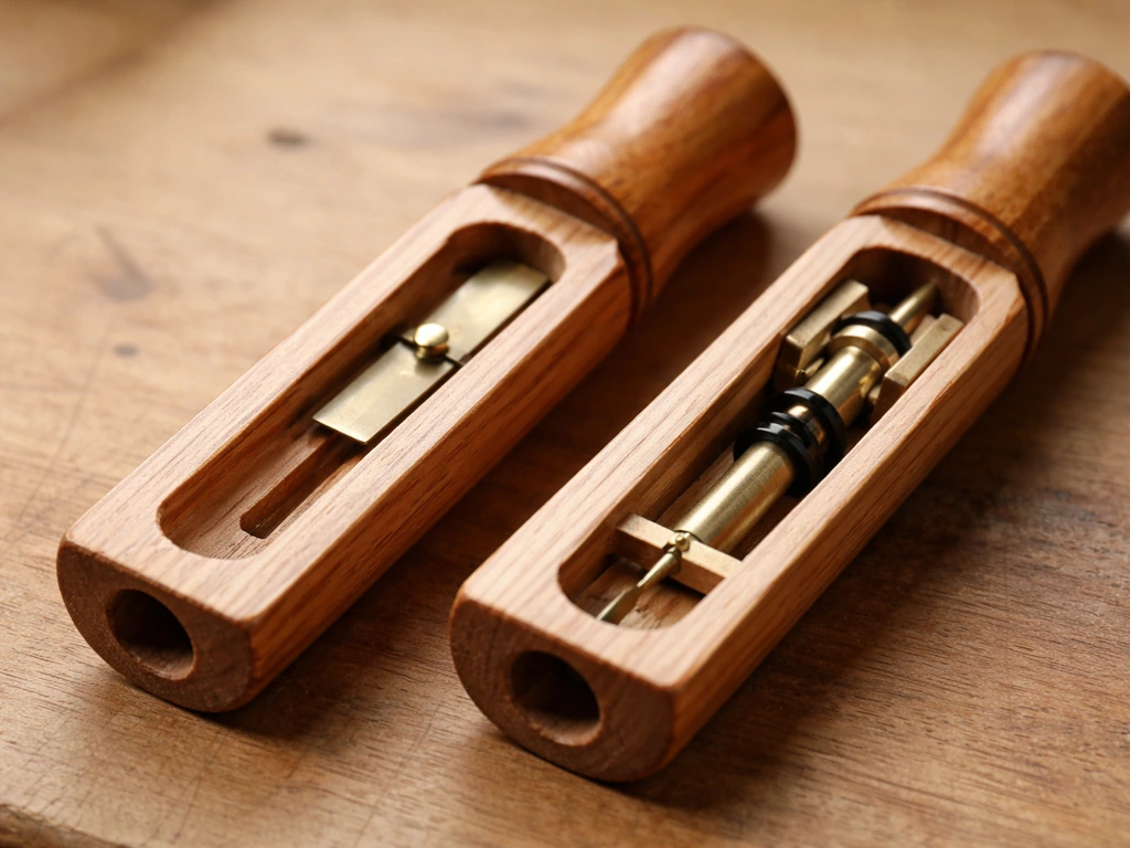Two different wooden bird calls side-by-side on a workbench, showing reed and tone board areas.
