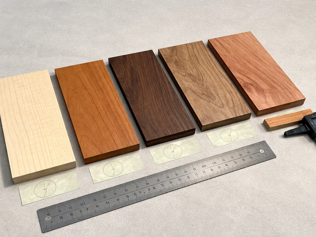 Close-up of several labeled wood samples with visible grain and a ruler beside them for bore spec.