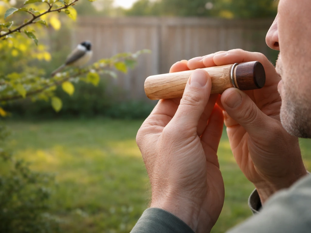 Close-up of hands holding a wooden bird call in a backyard toward a perched bird