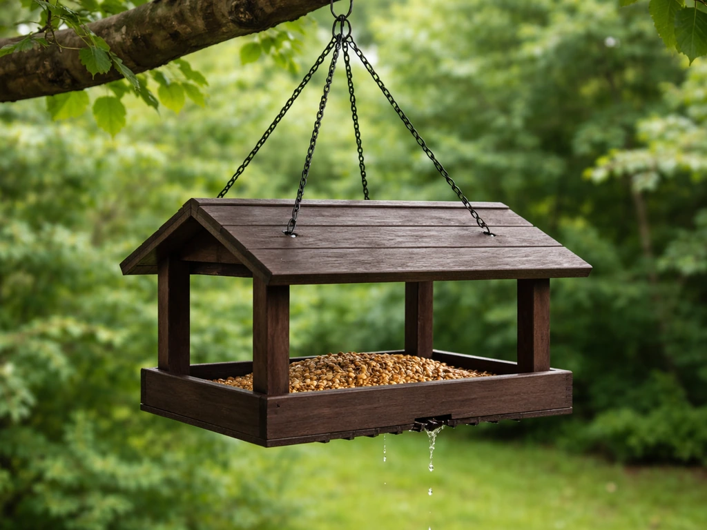 Weatherproof hanging bird table on a garden branch with a seed tray and visible drainage.