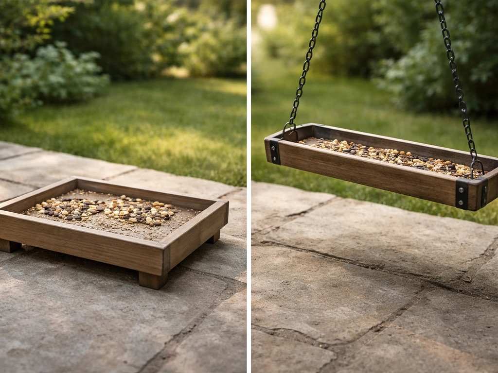 Two simple backyard bird tables: a ground-feeder platform and a perch-friendly trough, with scattered seed