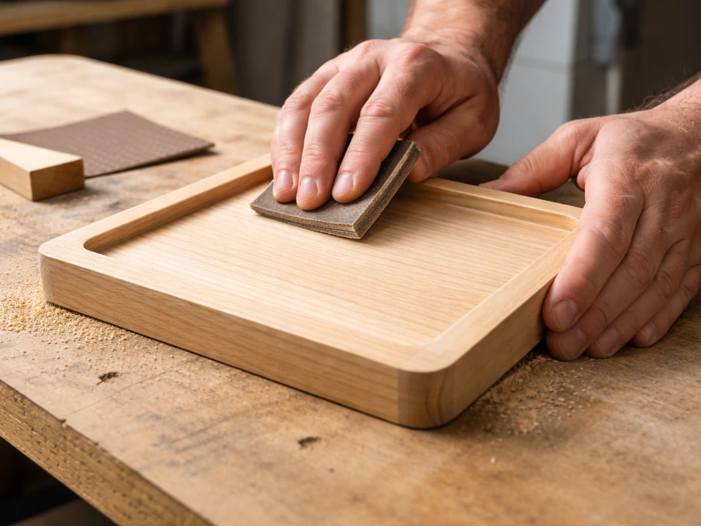 Close-up of hands sanding a small wooden tray base board with smooth rounded edges