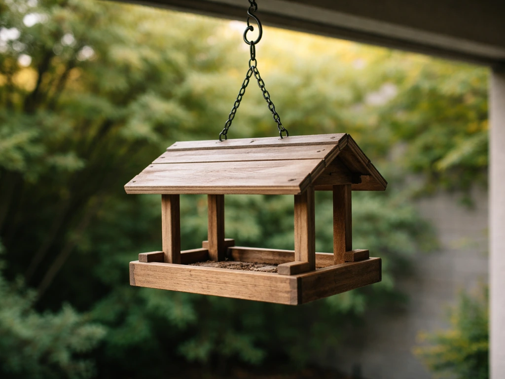 Hanging bird table at correct height on sturdy hook and chain near shrubs for shelter.