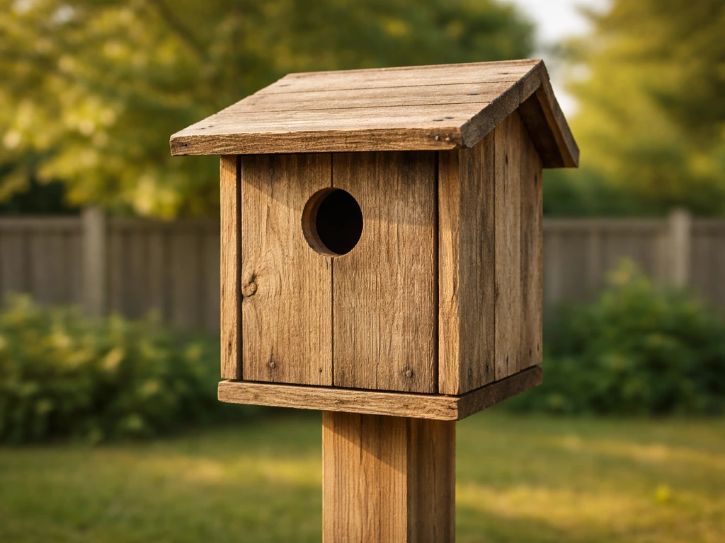 Finished pallet wood birdhouse outdoors with entrance hole and small roof overhang.