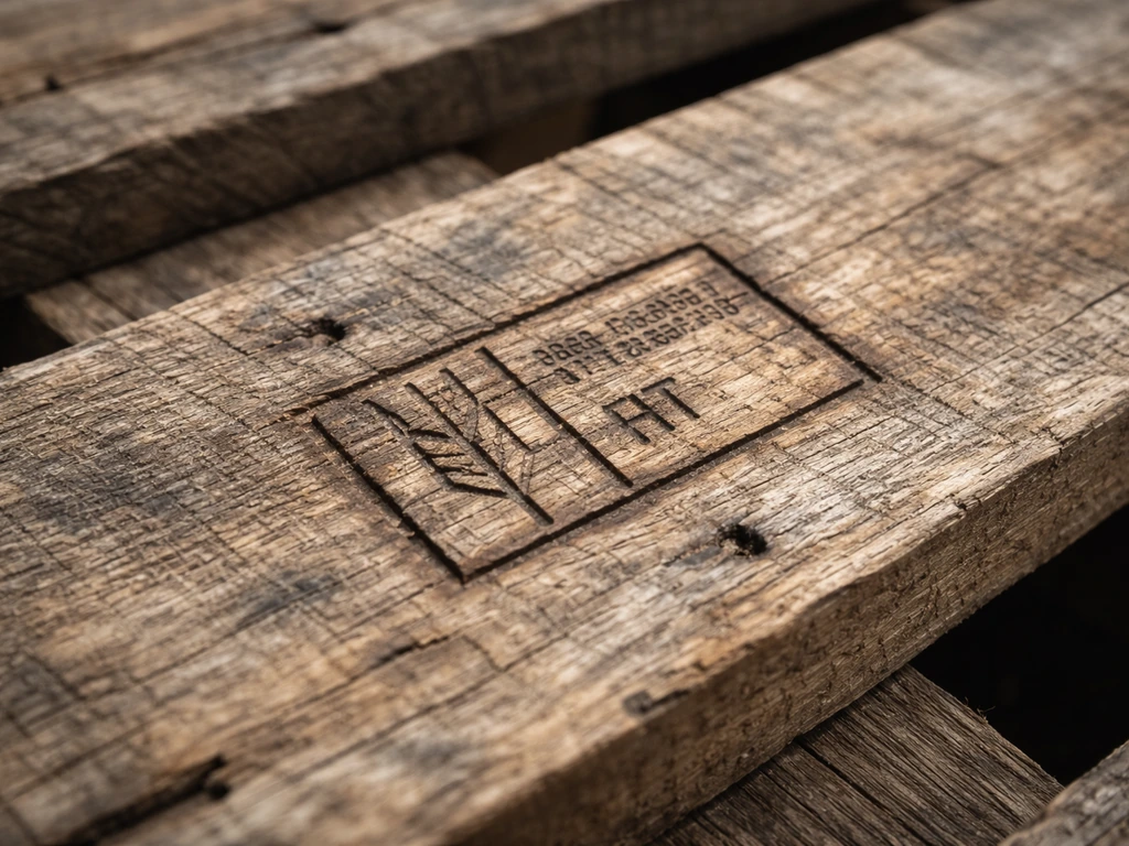 Close-up of a wooden pallet stamp and markings, with safe inspection focus and no MB fumigation indication.