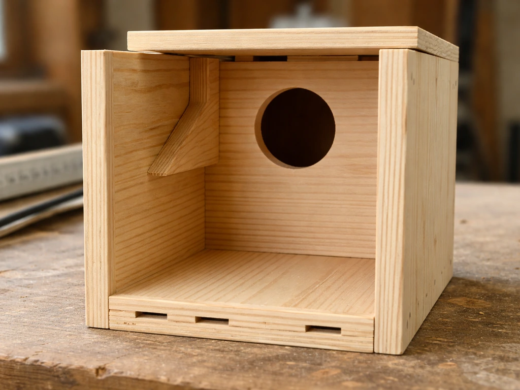 Close-up of a wooden birdhouse showing entry hole, interior spacing, and drainage/vent gaps.