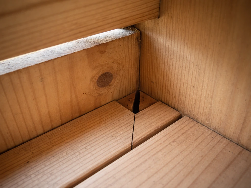 Close-up of a wooden birdhouse corner with triangular drain gaps and a small ventilation opening between roof and wall.