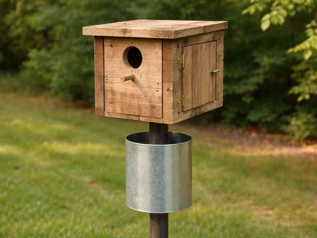 Mounted pallet birdhouse with a clean-out panel and a cylindrical stovepipe baffle predator guard.