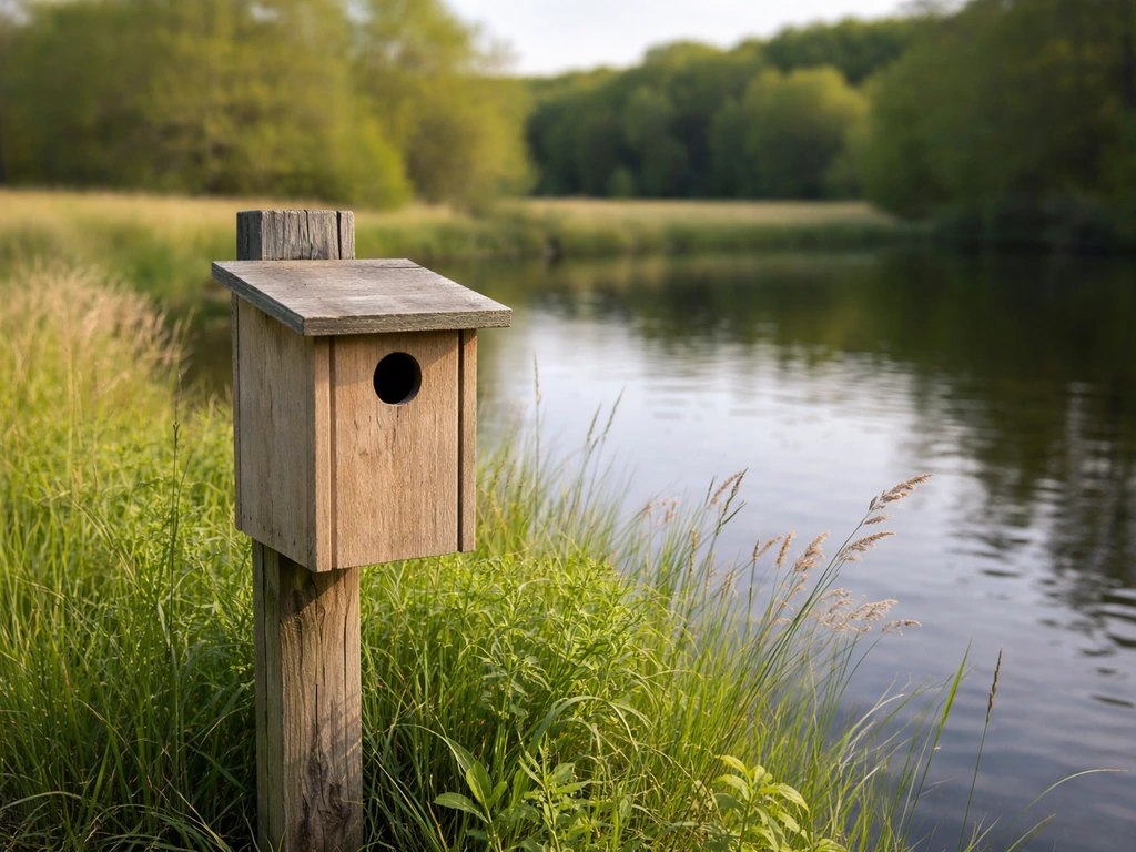 Tree swallow nest box on a post at the edge of a pond and meadow, with open habitat behind it.