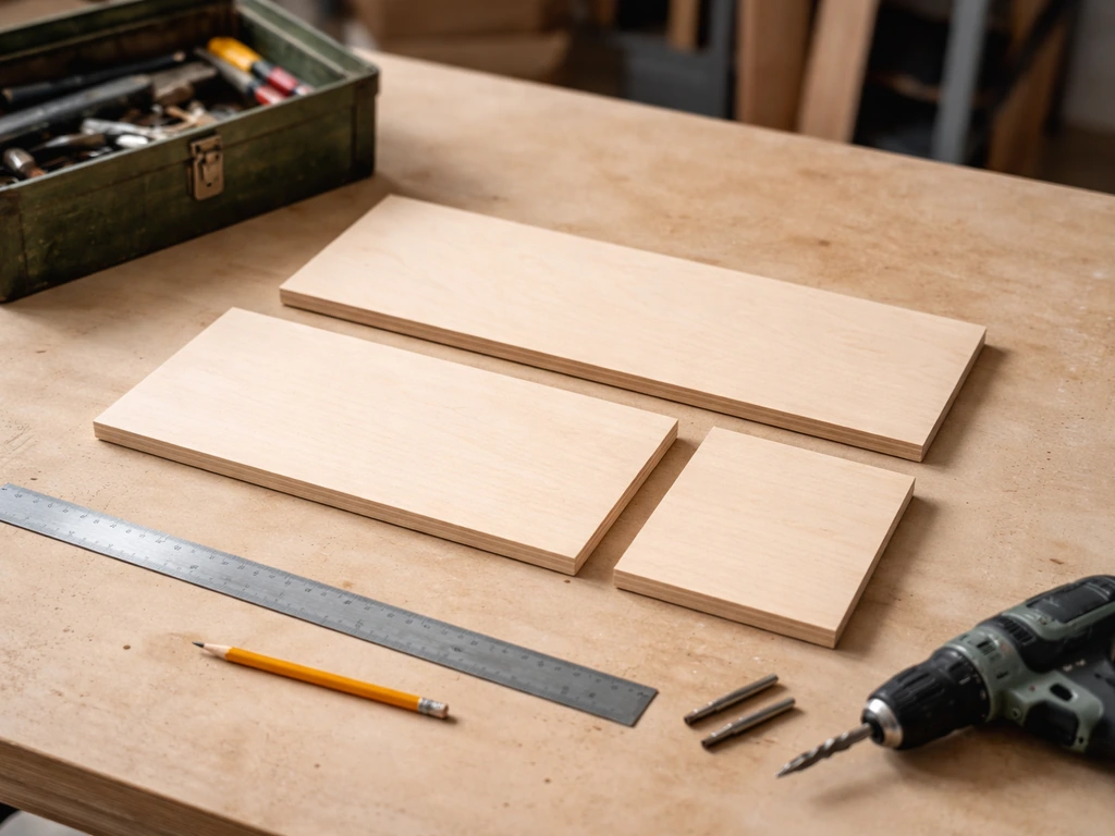 Wood panels on a workbench with ruler and drill, showing floor/front/back piece proportions for a nest box.