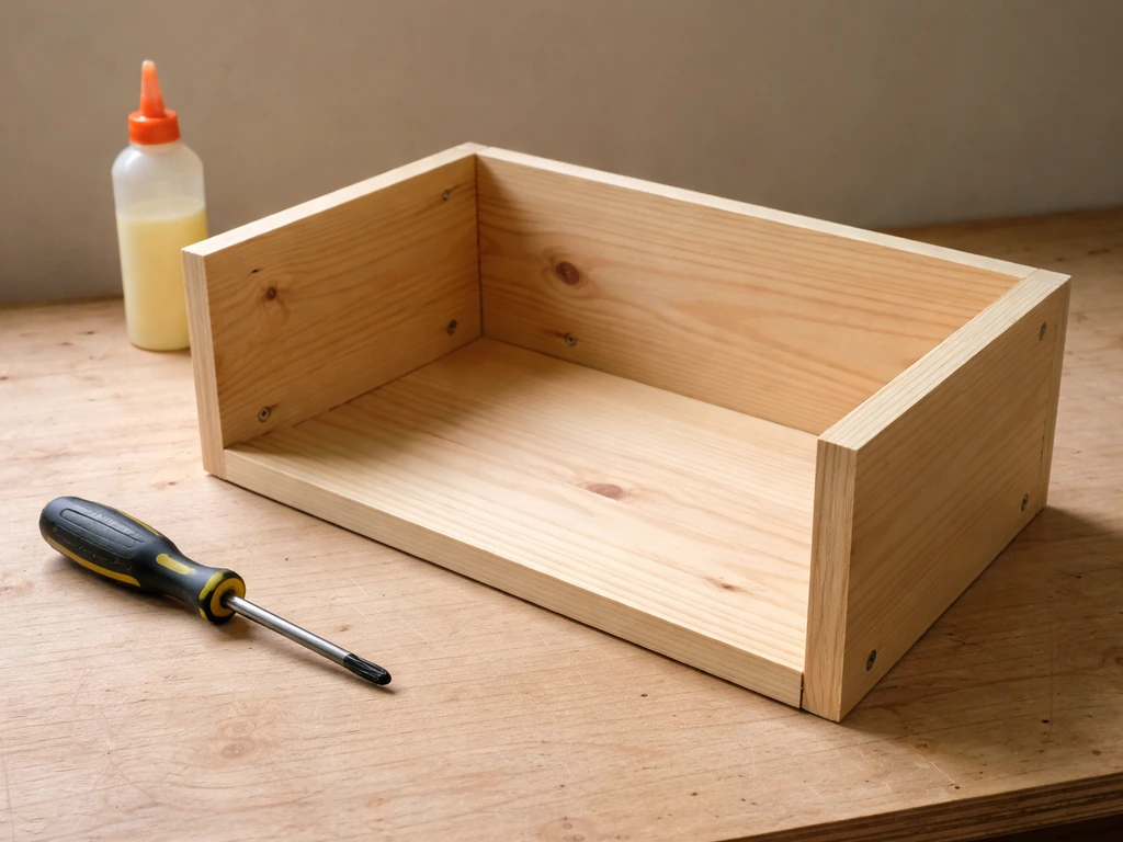 Wooden box assembly on a workbench: floor screwed to back, sides attached, front panel last to fit.