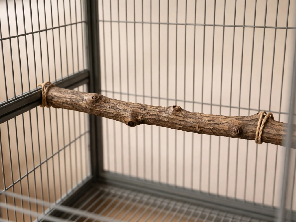 Natural branch bird perch mounted inside a simple bird cage with soft natural light