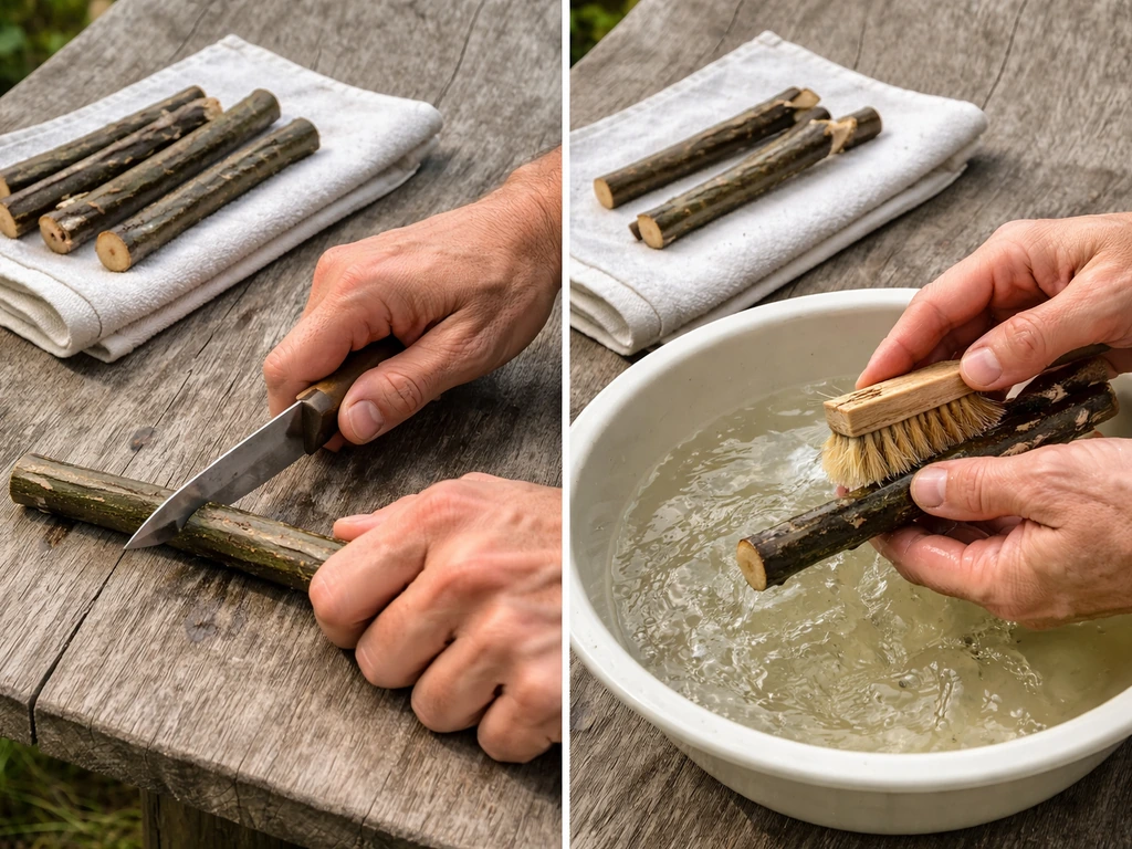 Anonymous hands cutting a branch, scrubbing it clean, and leaving it to dry.