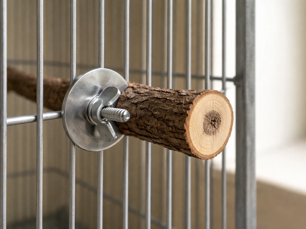 Close-up of a cage perch bolted to bars with washer and wing nut, securely mounted