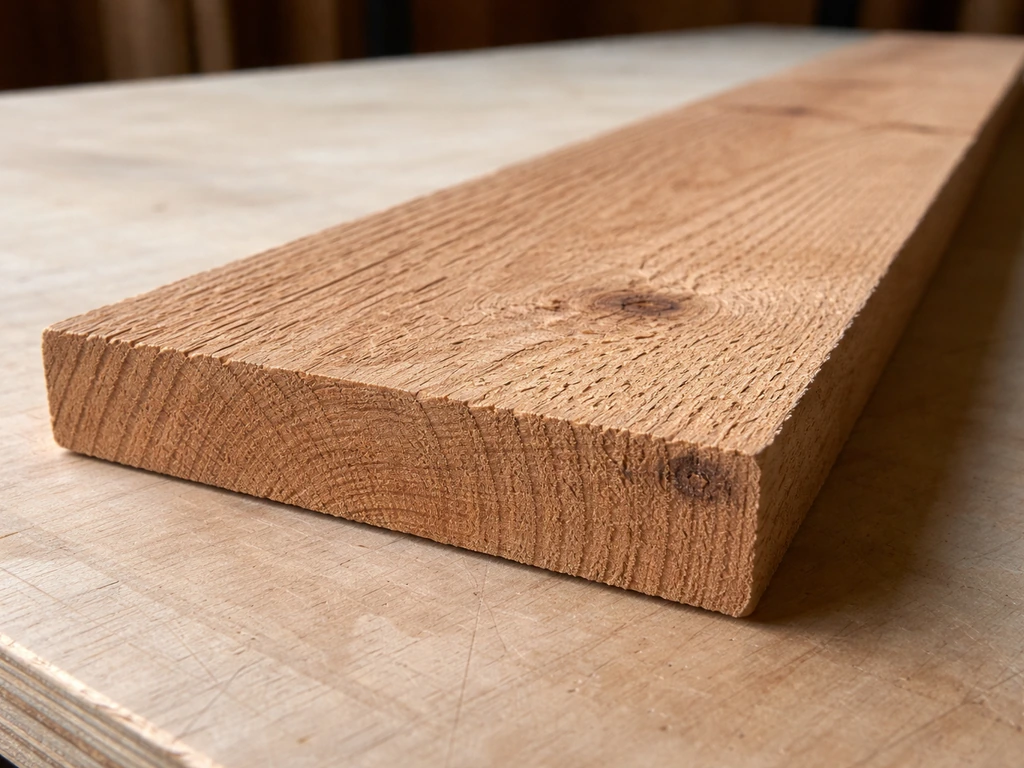 Close-up of rough-sawn 3/4-inch cedar board showing texture, knots, and thickness on a workbench.