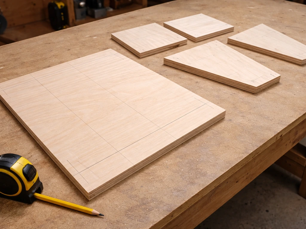 Close-up of wood pieces for a small bird house on a workbench with a tape measure and pencil marks.