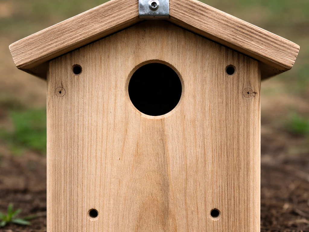 Close-up of a wooden birdhouse front showing entrance, ventilation holes near the top, and drainage holes below.