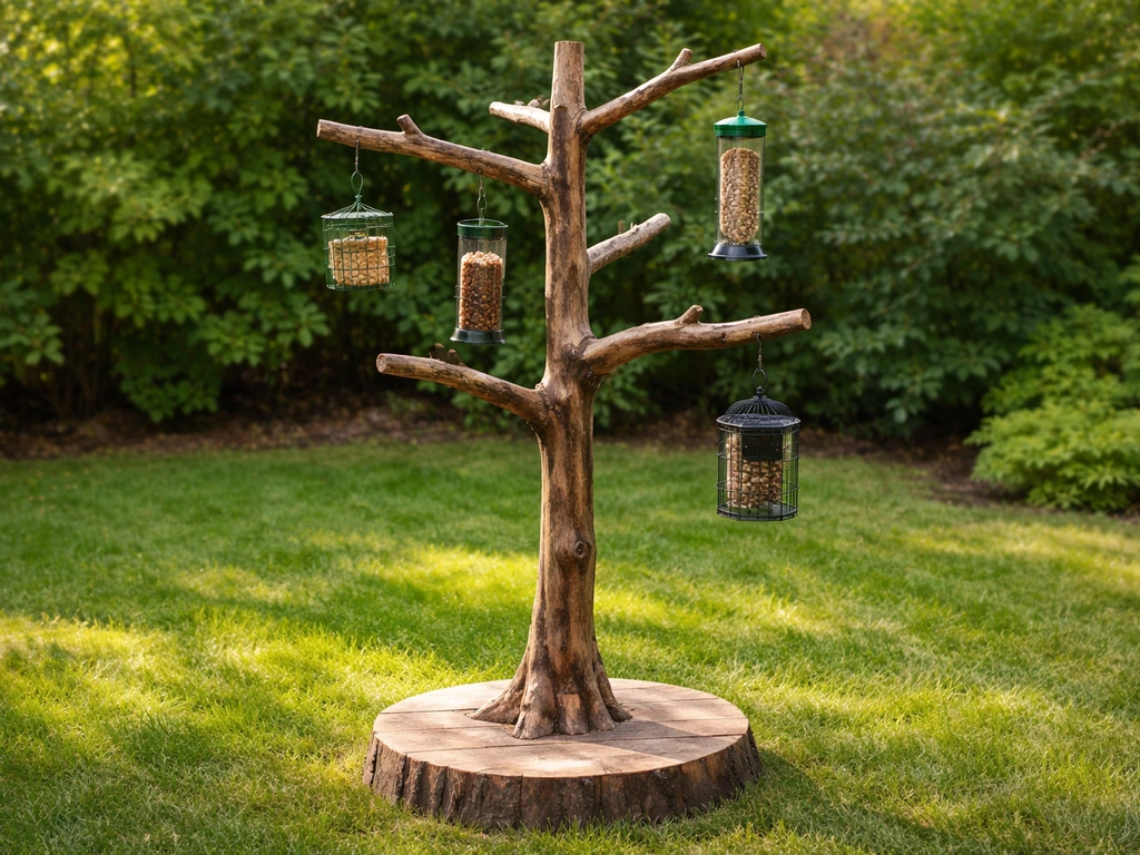 Outdoor freestanding branch-style bird tree stand with perches and hanging feeders inviting birds to feed.