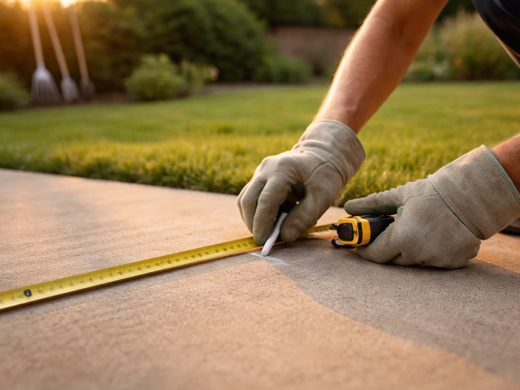 Gloved hands using a tape measure and chalk marks on a patio to plan a bird feeder stand height and spot.