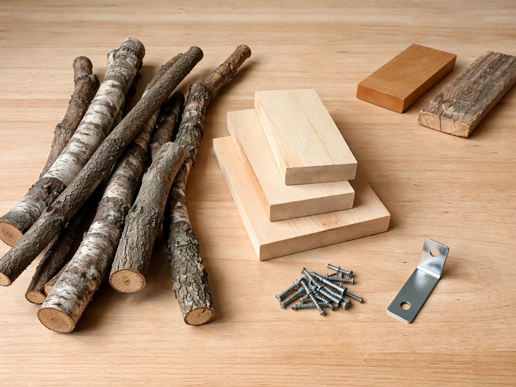 Wood and natural branches with small metal hardware on a simple workbench, neatly separated samples.