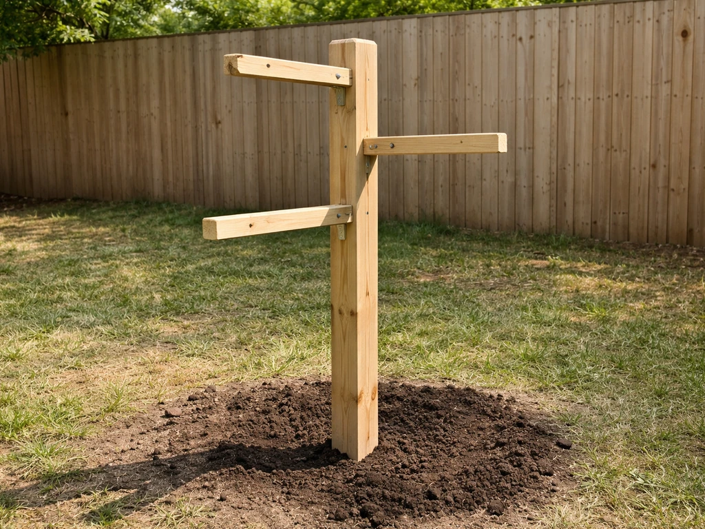 DIY freestanding feeder tree stand in progress with a central post and three staggered perch arms in a yard.