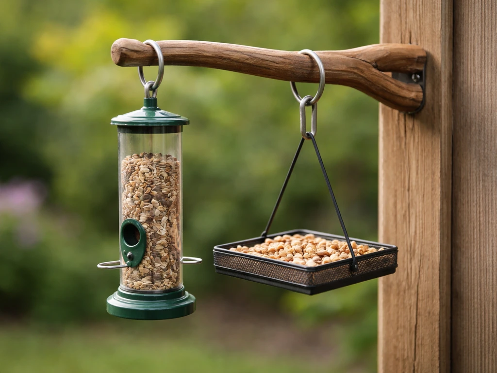 Close-up of bird-feeding stand with smooth perch arms, S-hook feeders, and a platform tray.