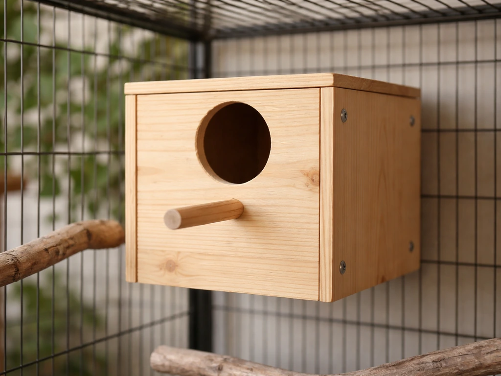 A finished DIY lovebird nest box mounted in an aviary, entrance hole facing outward in clear view.