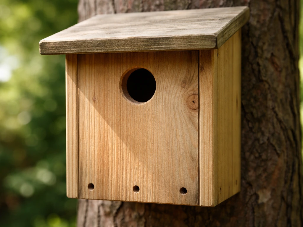 Enclosed wooden lovebird nest box with a small entrance hole and roof overhang, ventilation and drainage visible.