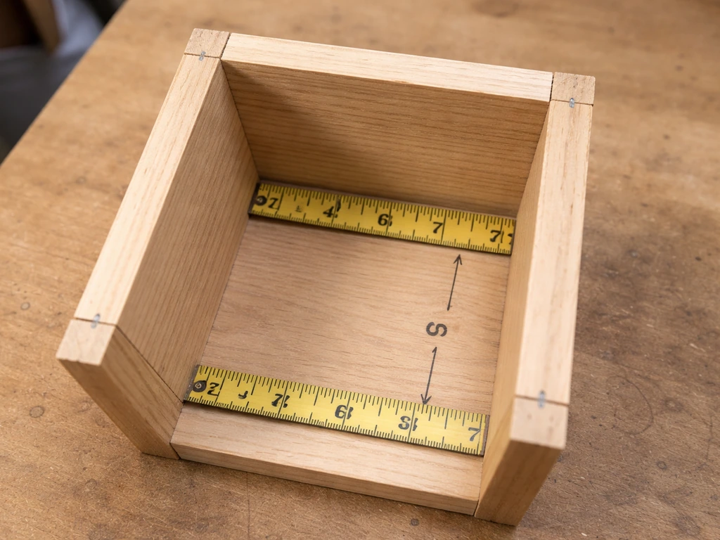 Top-down view of a wooden nest-box interior with measuring tape marking 6-inch width and depth.