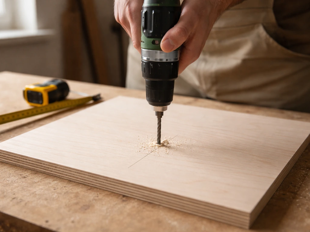 Anonymous hands drilling the center entrance hole on a wooden front panel on a workbench