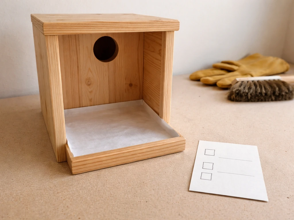 Tidy bird nest box on a clean surface with a simple cleaning schedule card beside it