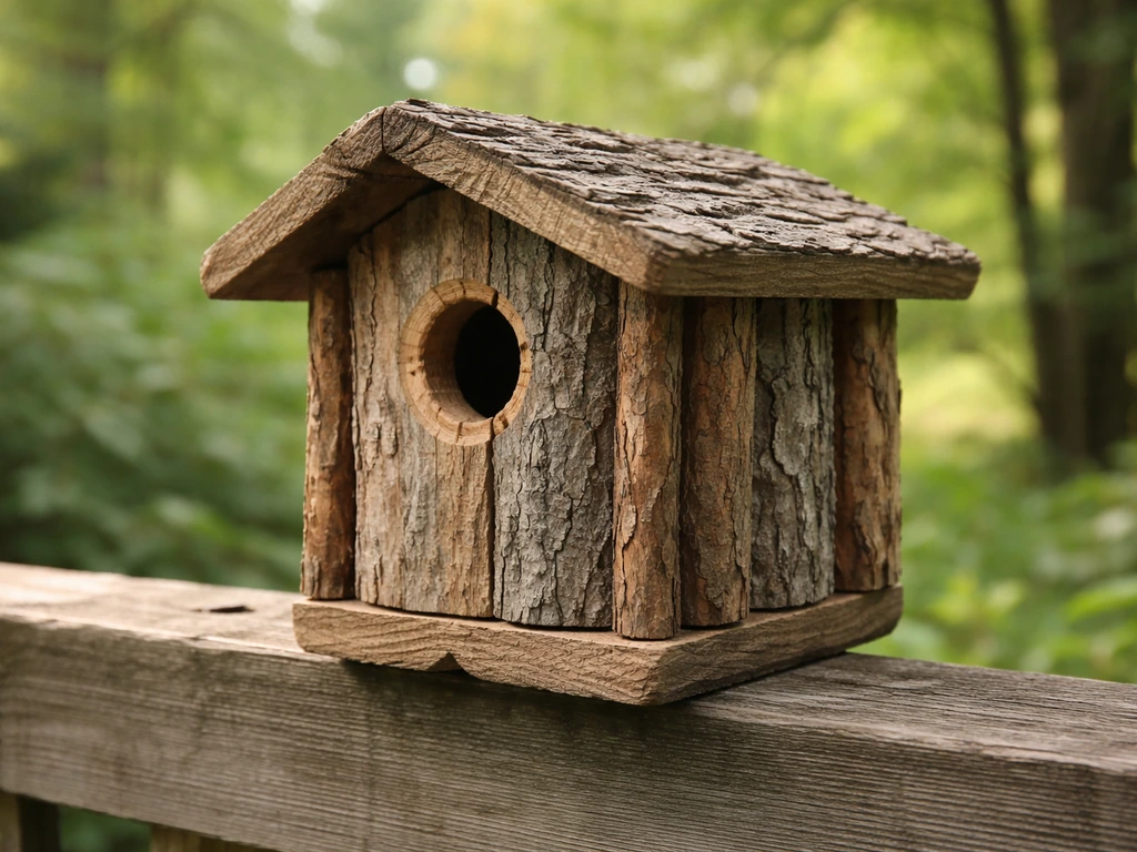Reclaimed-wood bird box outdoors, circular entrance visible with bottom drainage gap.