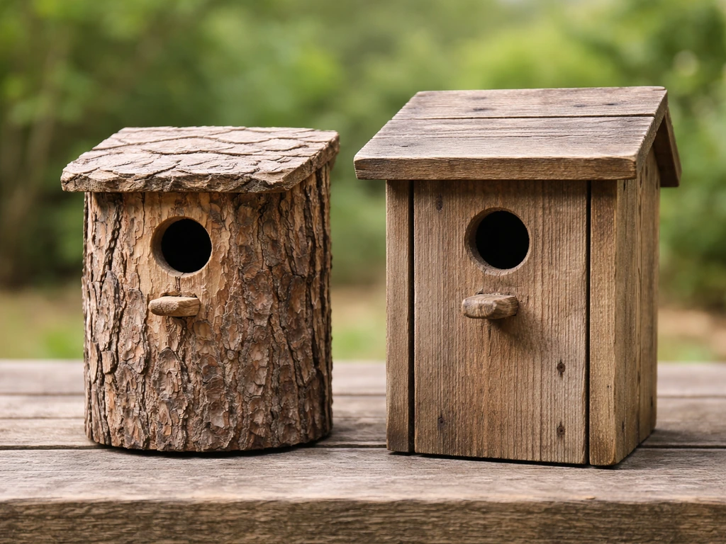 Side-by-side bird boxes: a round log-style box and a rectangular reclaimed wood plank box.