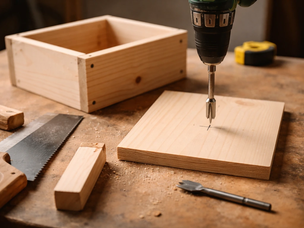 In-progress plank wooden box on a workbench with drill and cut timber panel ready for an entrance hole