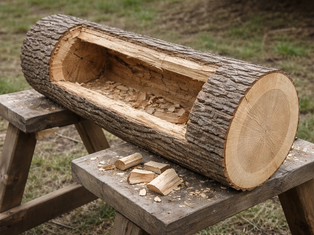 Log cavity bird box build: cut log with clean flat ends and freshly split interior cavity