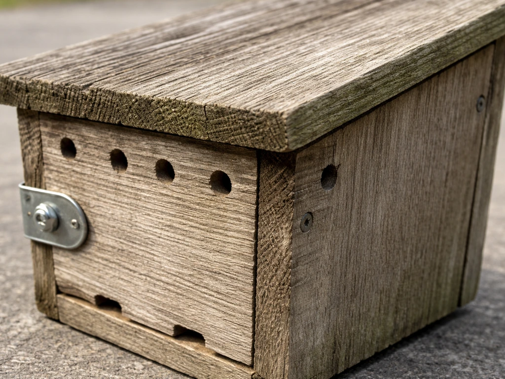 Close-up of a wooden outdoor nest box showing small upper ventilation holes and base drainage gaps