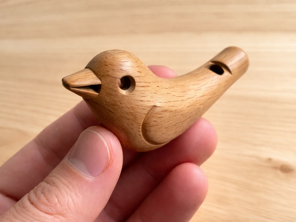 Hand holding a finished wooden bird whistle, close-up view of the mouthpiece and tone window.