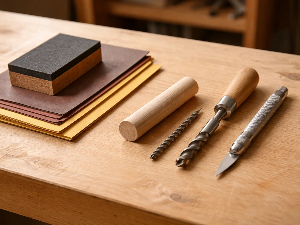 Beginner woodworking tools and a hardwood dowel blank laid on a workbench for a bird whistle build.