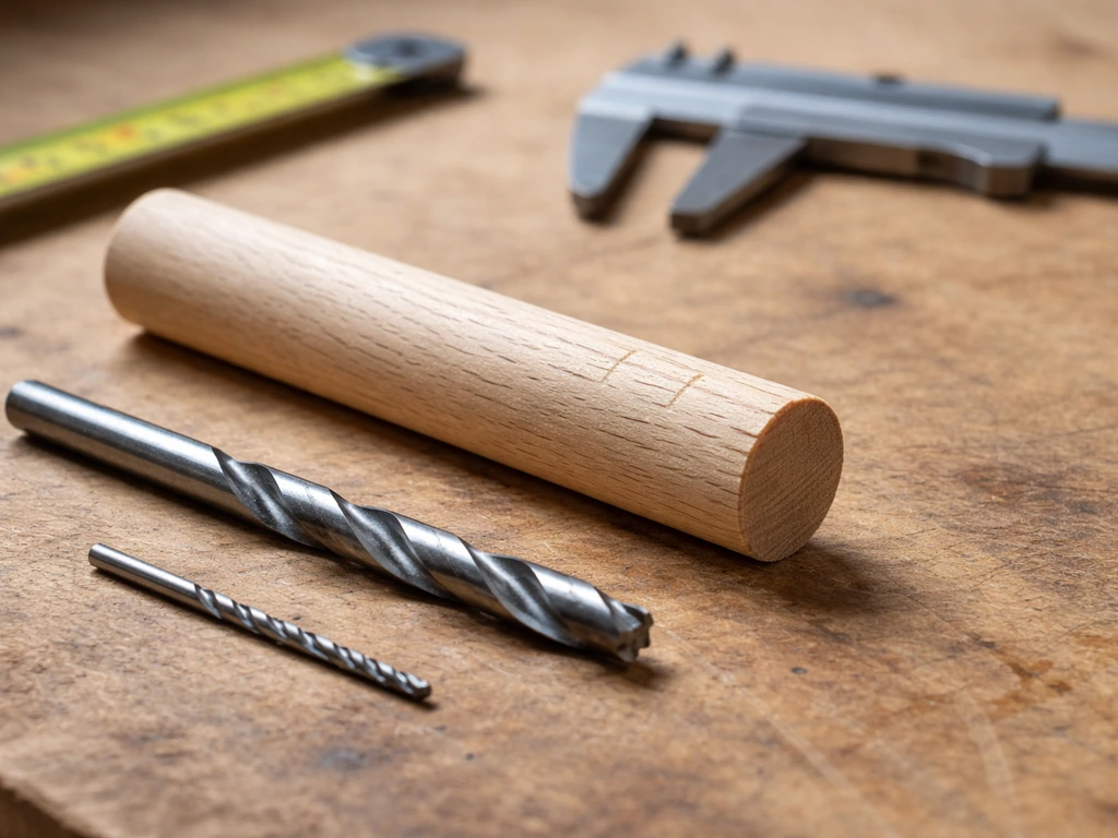 Close-up of a hardwood dowel whistle blank with calipers, measuring tape, and drill bits for bore sizing.