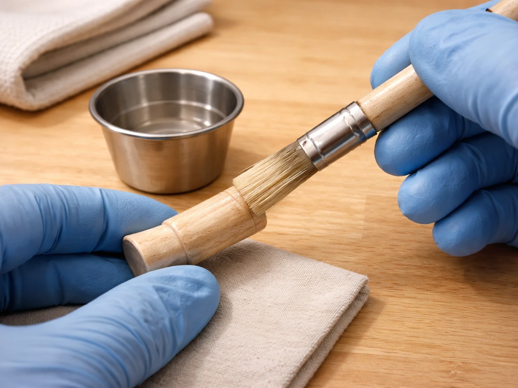Gloved hands applying a clear, water-based wood finish on a small mouth-contact mouthpiece
