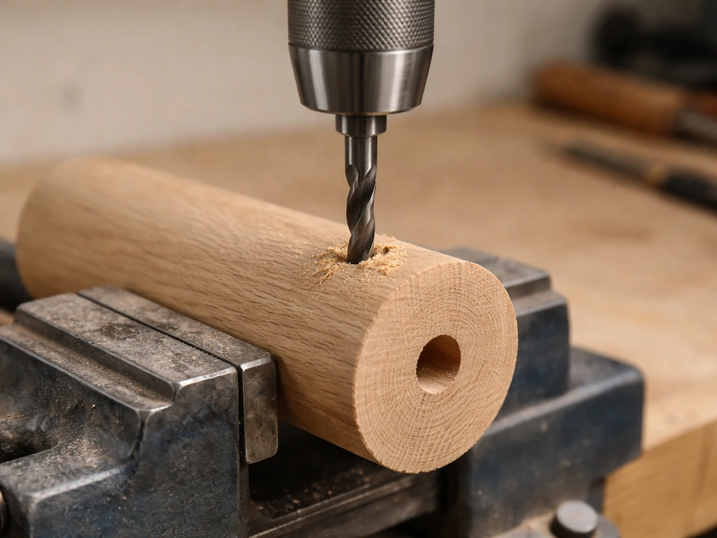 Wooden blank clamped in a vise as a drill bit begins boring into the center of the bottom end.