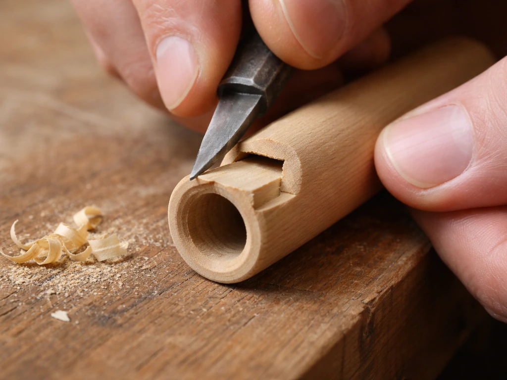 Close-up of a craft knife chiseling a rectangular slot area on a wooden tube mouthpiece, with a small wood block fitting
