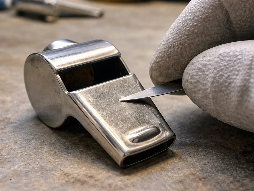 Close-up of a whistle mouthpiece on a workbench with a thin feeler gauge inspecting the windway area.