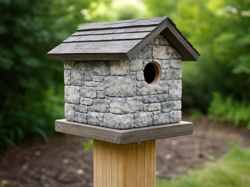 Stone-textured DIY bird house on a backyard post with a visible round entrance and roof overhang.