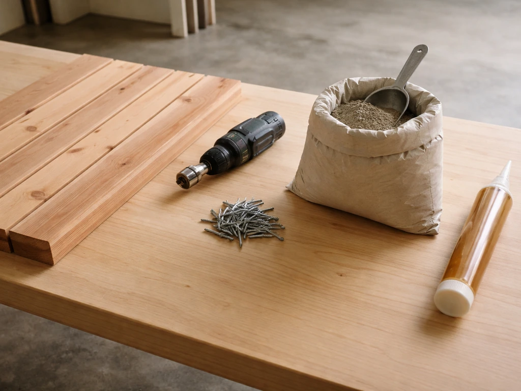 Untreated cedar boards and DIY tools laid out neatly on a workbench for building a small box