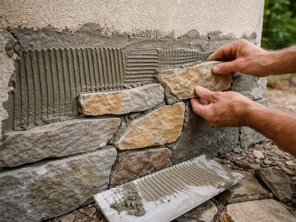 Hands spread gray mortar on an exterior wall and press flat stone shards into place.