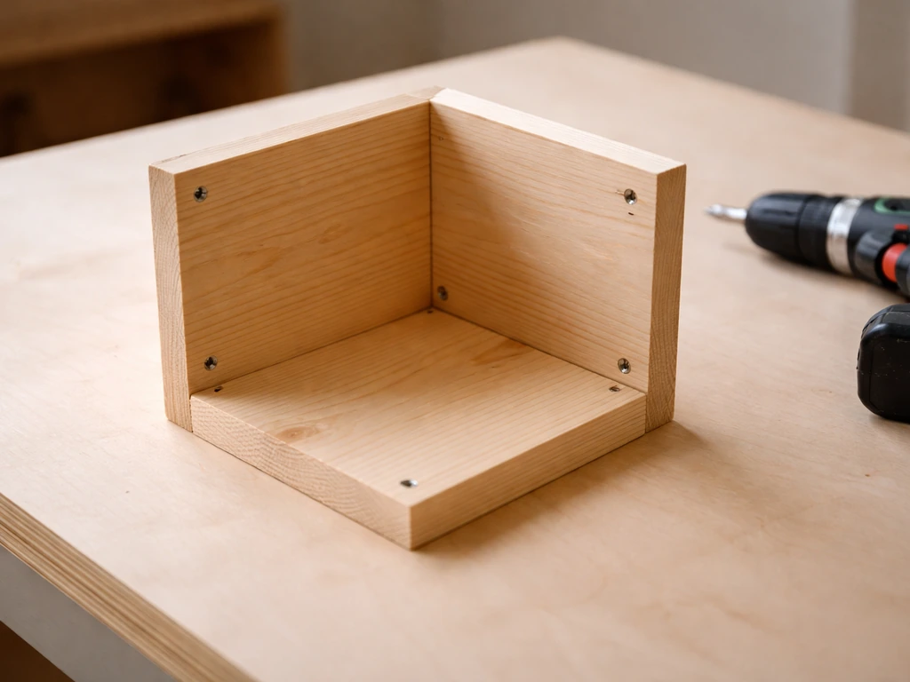 Wooden birdhouse box pieces aligned on a workbench with screws ready to fasten.